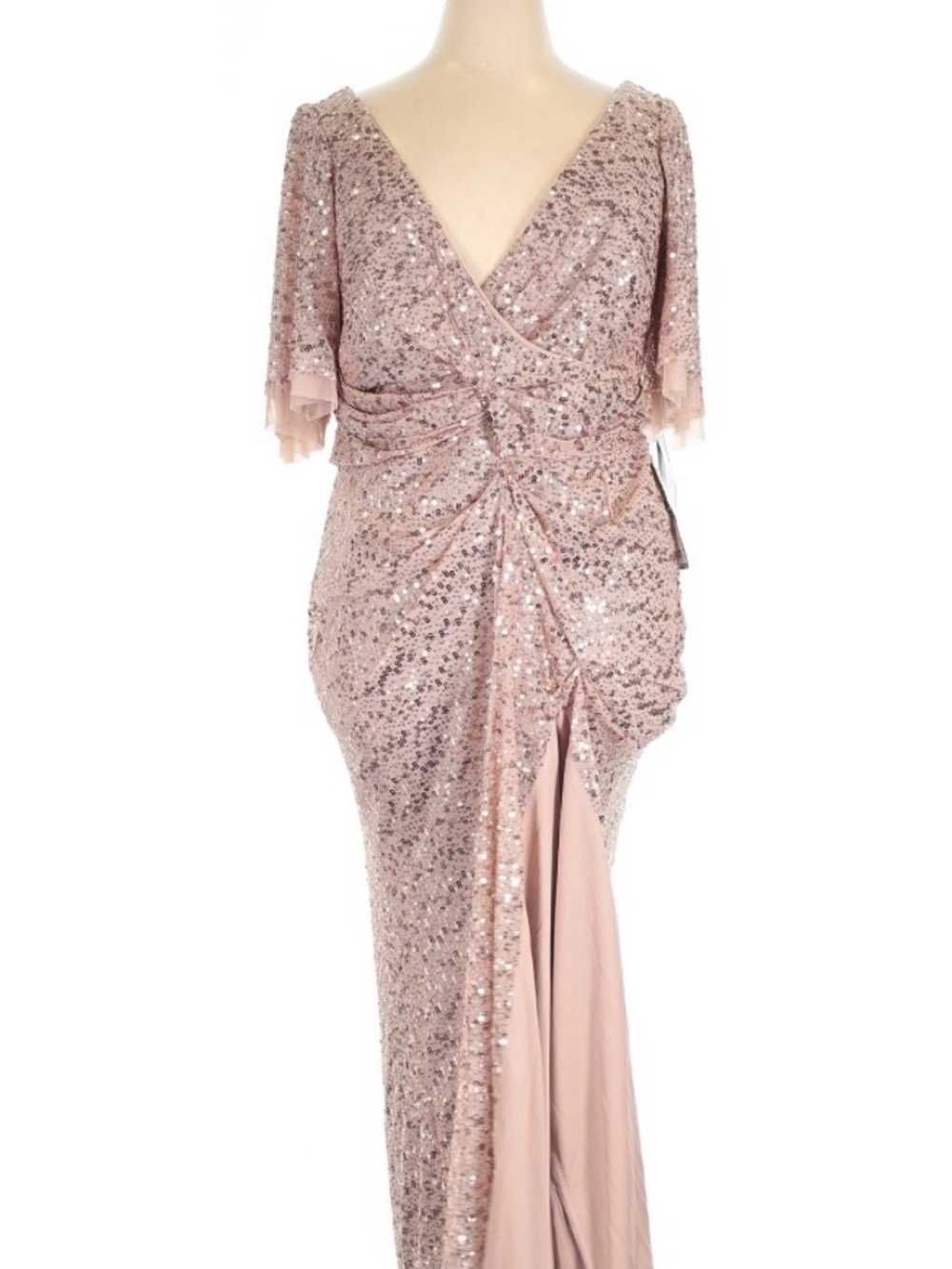 R&M Richards Blush Sequin Draped V-Neck Maxi Gown